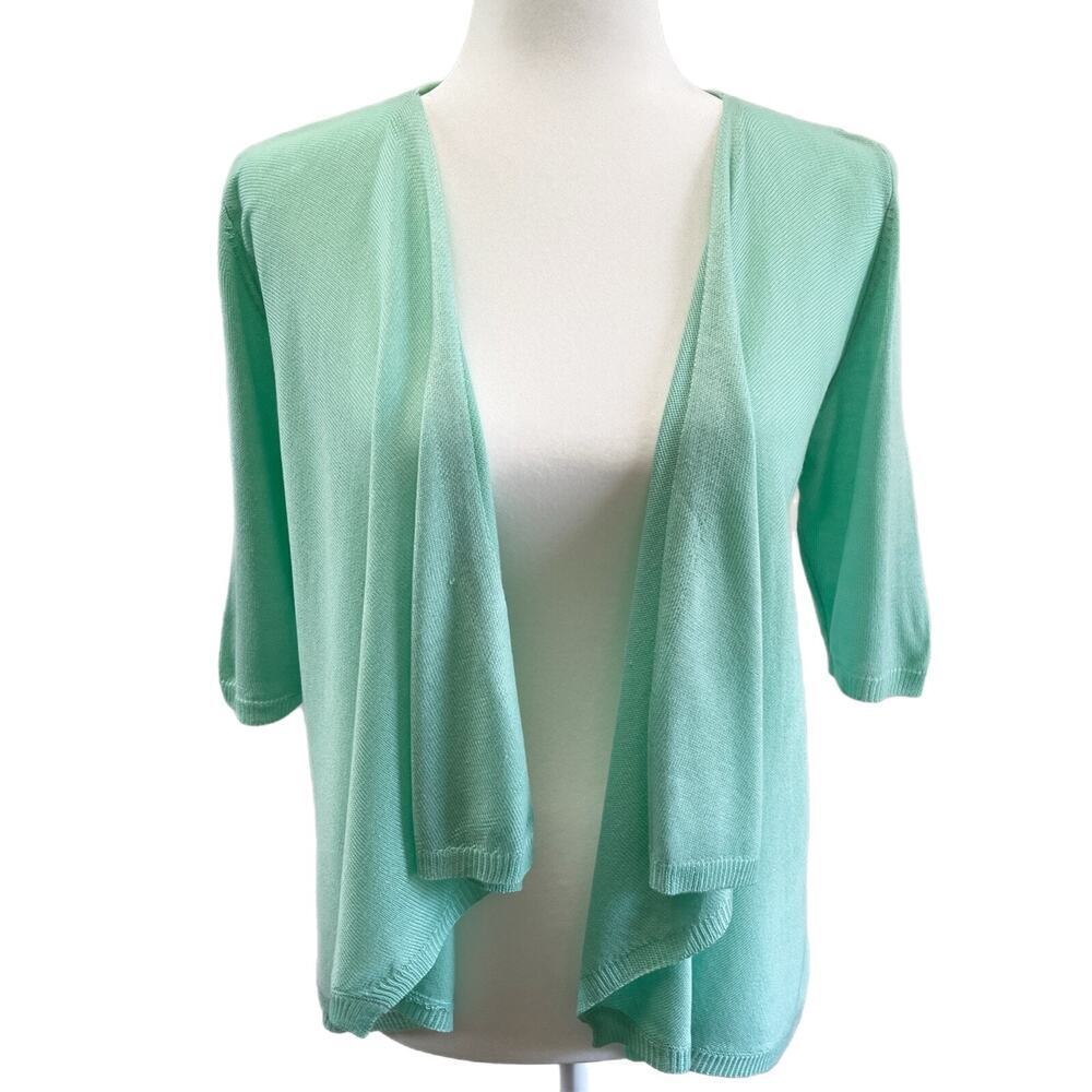 Elle Women's Cardigan Sweater XS Mix Stitch Flyaway Mint Green Open Elbow Sleeve